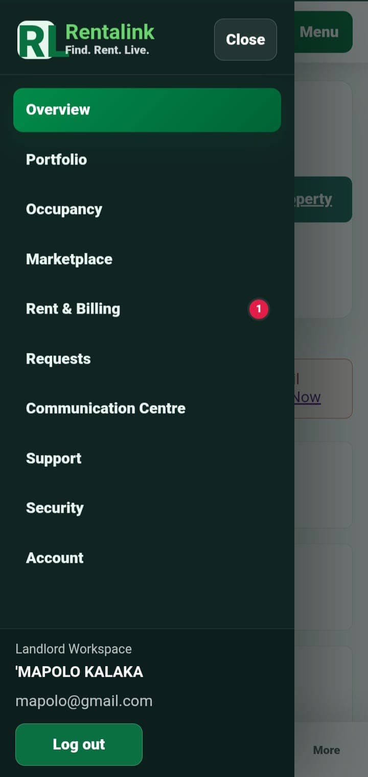 Rentalink landlord dashboard showing landlord property, tenant, room, occupancy, request, billing, and operational management information.