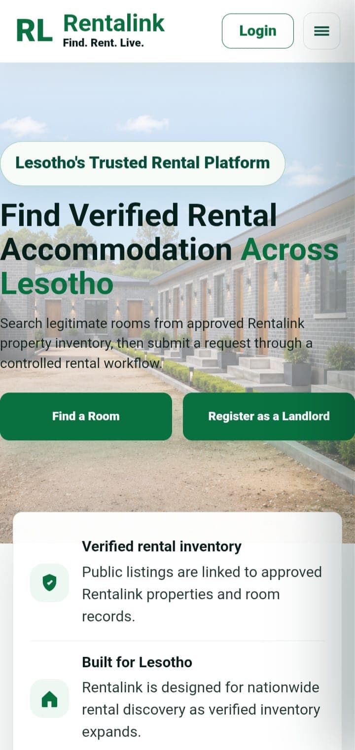 Rentalink mobile homepage showing the public rental accommodation discovery experience.